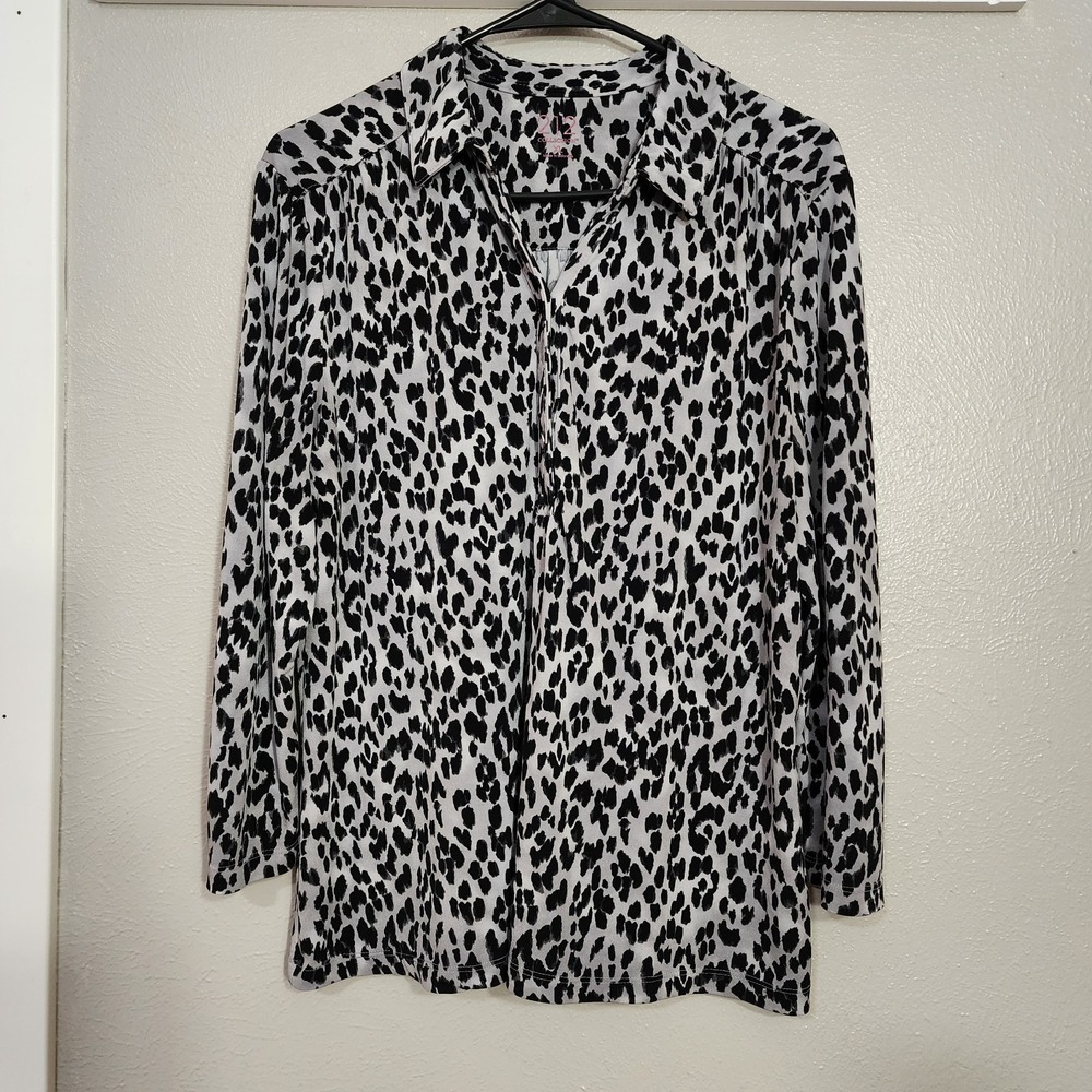 212 Collection Womens Top XL Black Gray Cheetah Leopard Popover Corp Office Knit